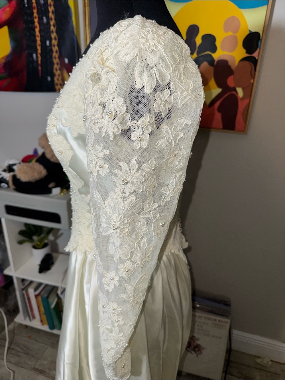 Vintage Lace Beaded Ivory Long Sleeve Wedding Gown - Picture 3 of 7